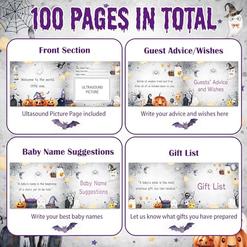 Image of Fuyoooo 27 Pcs Halloween Baby Shower Guest Book Baby Shower Sign in Guest Book Reception with Sonogram Page Keepsake Includes Gold Pen Table Card and Adhesive Photo Corner for Birthday