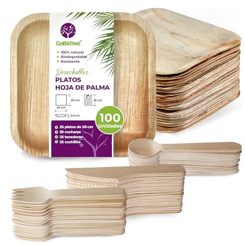 GoBeTree 25 Platos desechables de Hoja de Palma Cuadrados de 20 cm con 75 Cubiertos desechables de Madera, Vajilla desechable elegante, similar al bambu, menaje para fiestas, barbacoas y picnic.