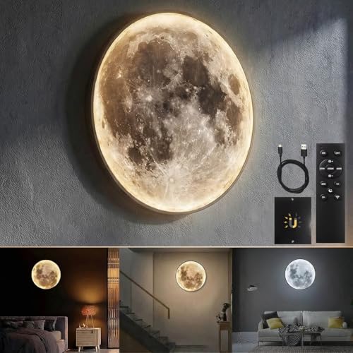 Dimmable Moon Wall Lamp Rechargeable Battery Operated Wall Sconce Moon Lights with Remote 3 Color Indoor Wall Mounted Lighting Ceiling Light for Living Bedroom Christmas Birthday Gifts - 12 inch
