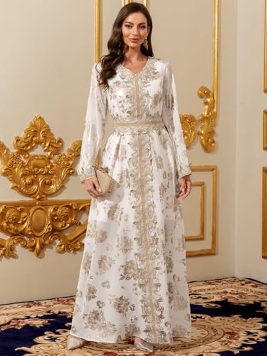 Image of Abaya for Women Floral Embroidered Muslim Dress V-Neck Arabian Maxi Robe