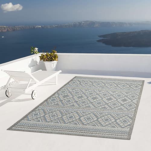 Taracarpet Outdoor Teppich Wetterfest Wohnzimmer Balkon Küchenteppich Flachgewebe Sisaloptik Muster Karos blau 067x180 cm