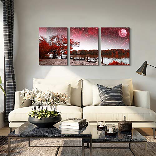 Image of Wall Art for living room Canvas Prints bedroom Wall Decor for bathroom artwork Abstract Painting Red tree moon landscape paintings 16 inch x 24 inch 3 Pieces Modern framed office Home decorations for kitchen