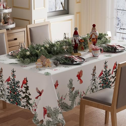 XCHI Cardinal Birds Winter Pine Tree Tablecloth Rectangle Christmas Table Cloth Washable Table Covers for Indoor Dining Home Party Xmas Decorations 60x84 Inch