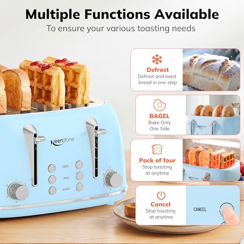 Image of Keenstone Toaster 4 Slice, Retro Stainless Steel Wide Slot Toaster with Dual Independent Controls, 6 Browning Levels, Bagel, Defrost, Reheat & Cancel, Removable Crumb Tray, Blue