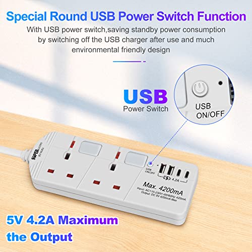SE UKASE Extension Lead with USB Slots(5V/5A), 2 Way Plug Sockets with Individual Switches USB and Type C - Image 3