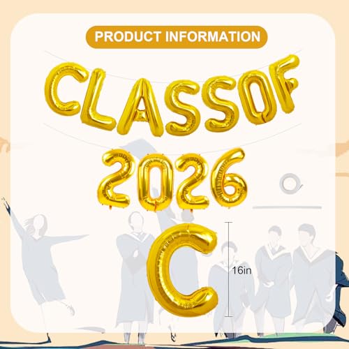 Image of TONIFUL Gold Class of 2026 Graduation Balloon Banners Foil Balloons Decorations 2026 Congrats Grad Balloons for Class of 2026 Congratulation Graduations Party Supplies
