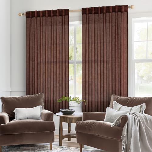 MIULEE Chocolate Brown Short Linen Curtains 45 Inch Length 2 Panels for Kitchen Bedroom Bathroom, Soft Thick Linen Textured Basement Window Drapes Semi Sheer Light Filtering Back Tab Burlap Decor