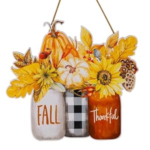 Fall Pumpkin Wooden Sign Decor Front Door Hanging Colorful Rustic Floral Autumn Wall Pediments for Farmhouse Home Porch Outdoor Indoor Seasonal Welcome Sign MY005