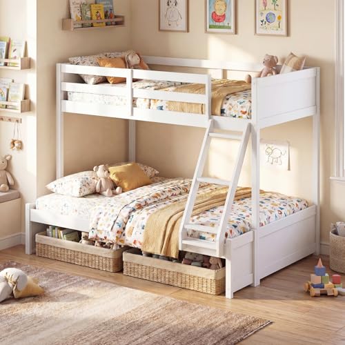 Giantex Twin Over Full Bunk Bed, Wood Bunk Bed with Full-Length Guardrails, Ladder, Under-Bed...