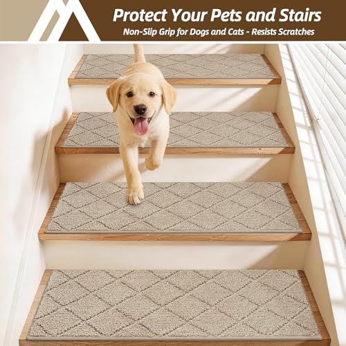 Image of COSY HOMEER Stair Treads for Wooden Steps 11 inchx30 inch Washable Indoor Carpet Stair Treads Non Slip Soft Polyester Stair Carpet Tread Reusable Stair Runner Rugs for Kids, Elders,Pets,Beige,15pcs
