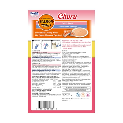 INABA Salmon Churu Cat Treats, Lickable, Squeezable Creamy Purée Cat Treat with Green Tea Extract & Taurine, 0.5 Ounces Each Tube, 20 Tubes, Salmon & Tuna Variety Box - image 9