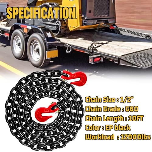 Image of G80 Transport Binder Chain,10FT 1 /2 inch Trailer Safety Chains with Clevis Grab Hooks,12,000 lbs Safe Working Load Heavy Duty Chain for Transporting,Towing,Logging Tie Down Binding