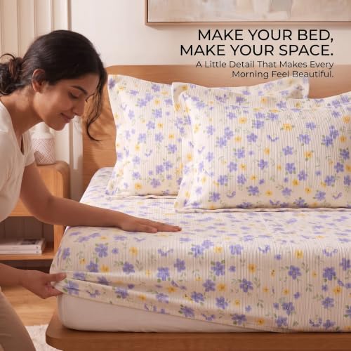 Image of VAS COLLECTIONS 240 TC Premium Fitted Bedsheet, Floral Printed King Size Elastic Deep Pocket Mattress Cover, Soft Breathable Bed Sheet for Bedroom, 72 x 78 + 10 Inches (183 x 198 + 25 cm) - Periwinkle