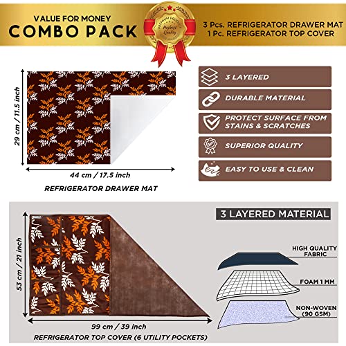 Image of Polyester 3-Layered Fridge Top Cover /Refrigerator Cover with Utility Pockets and Set of 3 Pc Fridge Mats (Color-Leaf Brown, Size-39x21 Inch)