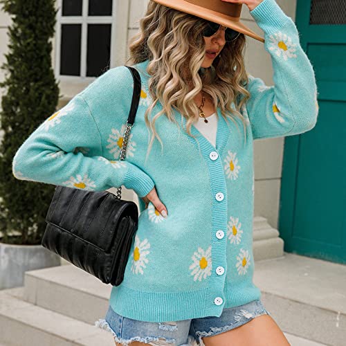 Image of Women's Floral Print Long Sleeve V-Neck Sweaters Button Down Ribbed Cuffs Knit Cropped Cardigan Sweater