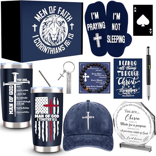 10 Pcs Christian Gifts for Men Faith Inspirational Religious Gifts Catholic Gift with 20 Oz Tumbler Bible Verses Crystal Plaque Hat Socks Bracelet Keychain for Husband Dad Grandpa Friends