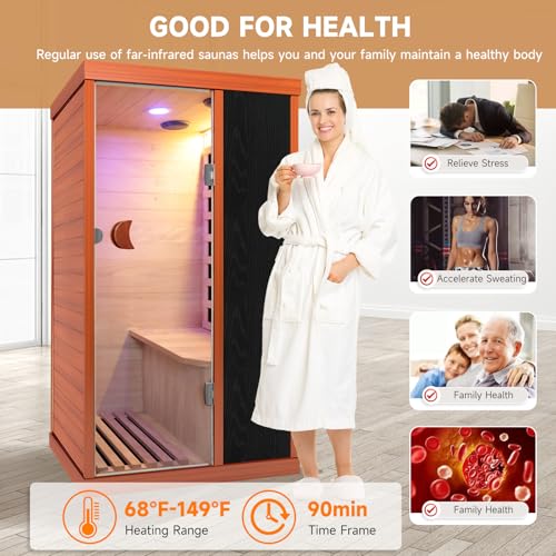 Image of OUTEXER 1 Person Sauna Far Infrared Sauna 1200W Indoor Home Sauna Low EMF 110V with Control Panel 7 Color Light 28.7 * 35.2 * 61.4 inch