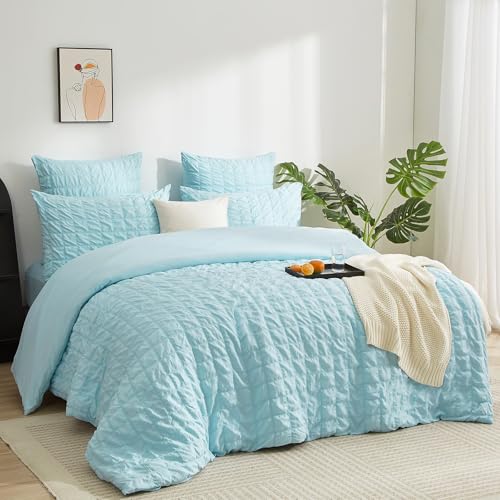 Boqingzhu Seersucker Bettwäsche Set Blau Hellblau 135x200cm Atmungsaktiv Kühlend für Sommer Bettbezug & Kissenbezug mit Reißverschluss