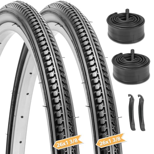 Hycline 261 3/8 Bike Tire Set 2-Pack (37-590mm) Black Retro Tread Folding Puncture-Resistant Tires with Schrader Tubes & Tire Levers Fits Vintage 261 3/8 City/Commuter Bikes