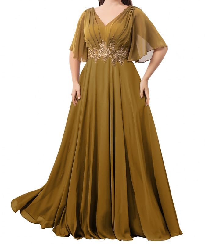 Short Sleeve Mother of The Bride Dresses Plus Size Chiffon Appliques Formal Evening Dress with Pocket3