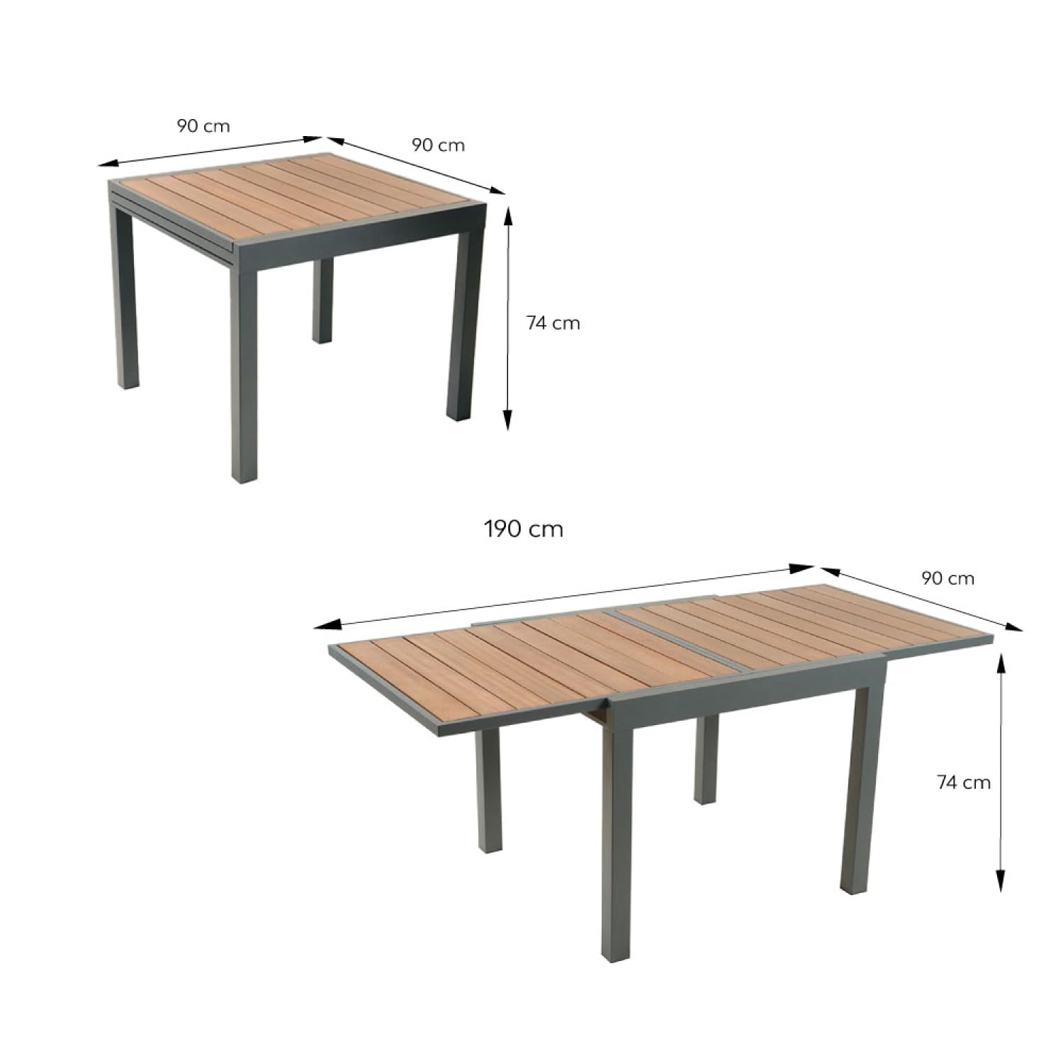 Concepto de fábrica mesa de jardín extensible Nido aluminio y madera 8 plazas | PASO DE 90 A 180 CM RÁPIDO: Bandeja eucalipto certificada FSC, estructura ligera anticorrosión