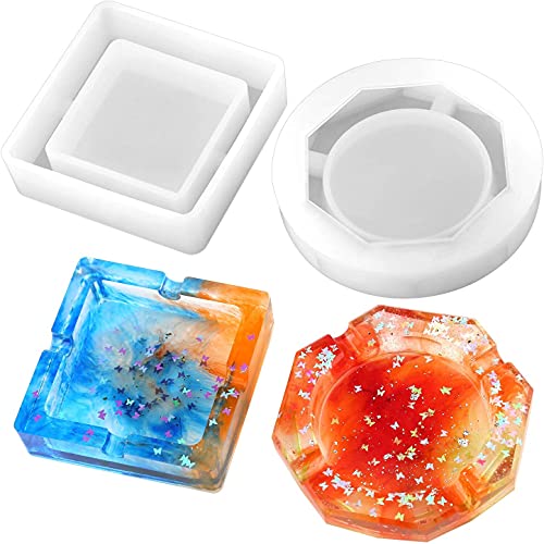 Savita 2 Pieces Ashtray Resin Molds, Silicone Resin Mold with Square and Rhombus & Round Shape for