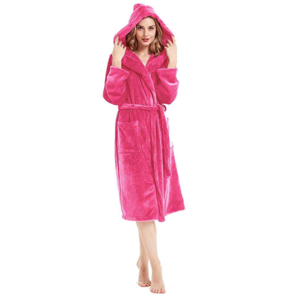 HOLOVE Womens Warm Hooded Fleece Bathrobe Cozy Long Spa Robes for Ladies