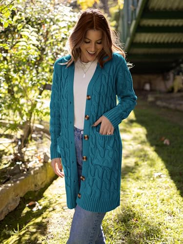 Image of PRETTYGARDEN Long Sleeve Cable Knit Long Cardigan for Women 2026 Spring Winter Chunky Open Front Button Sweaters with Pockets