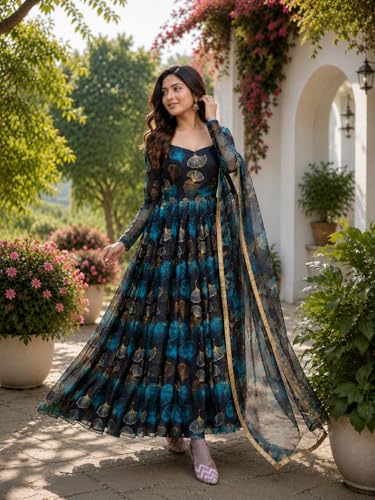 Image of Anveri Women's Floral Printed Anarkali Gown with Dupatta | Ethnic Long Dress for Women | Designer Festive Maxi Kurta Set