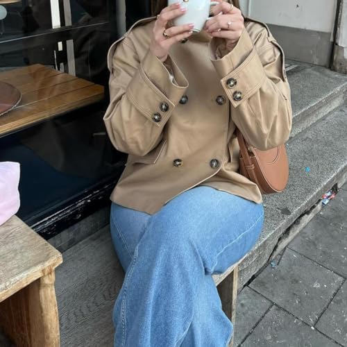 Cropped Trench Coat for Women Loose Long Sleeve Top Jacket Stand Neck Buttons Blazer Jacket Work Office Outwear4