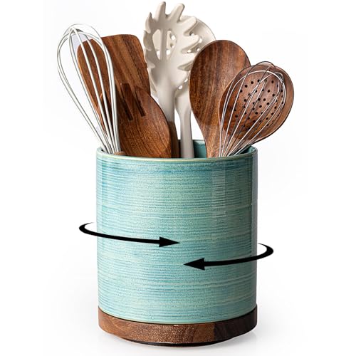 Image of Utensil Holder, 360 Rotating Extra Large Ceramic Kitchen Utensil Holder for Countertop, Cooking Utensil Crocks for Counter with Rotatable Wooden Base, Farmhouse Kitchen Decor, Green