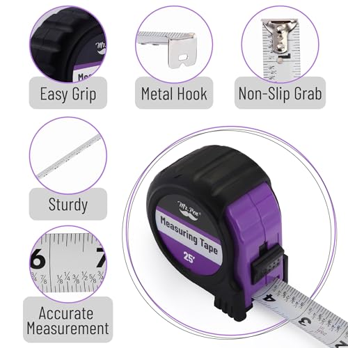 Image of Mr. Pen - 25 Foot Purple Retractable Steel Measuring Tape with Fractions, Easy Read