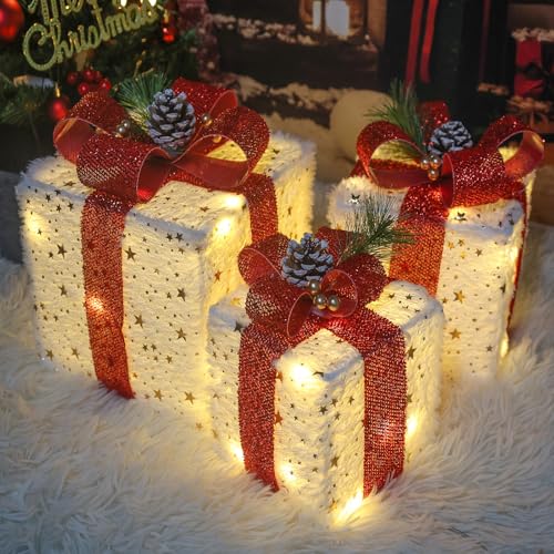 Kwaiffeo - Conjunto de 3 caixas de presente de Natal iluminadas, 140 LED, ornamentos luminosos para árvore de Natal, lareira, mesa, quarto, decoração de interiores, cor branca quente