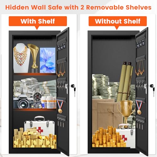 Image of 31.5 inch Tall Wall Safes Between the Studs with 2 Removable Shelf, Lockable Hidden Safe Box with 50 Hooks for Keys Jewellery, in Wall Safe for Money Medicines Valuables