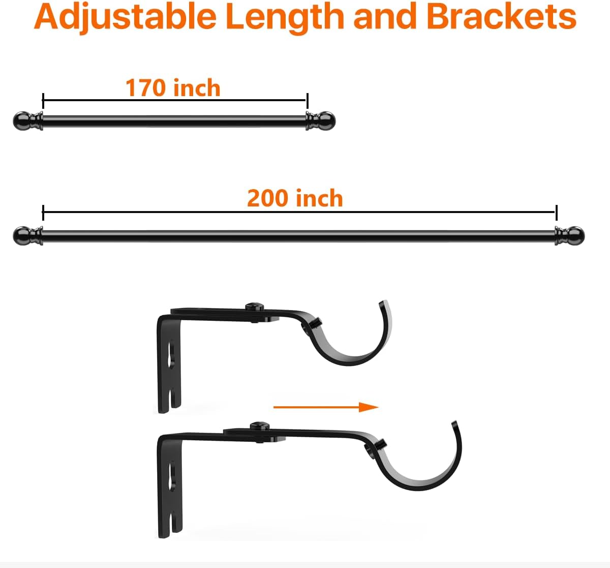 Extra Long Curtain Rods 120 to 200 inch, Heavy Duty 1 inch Curtain Rods for Windows Easy Install, Adjustable Metal Thick Drapery Rod for Bedroom, Patio, Living Room, Black