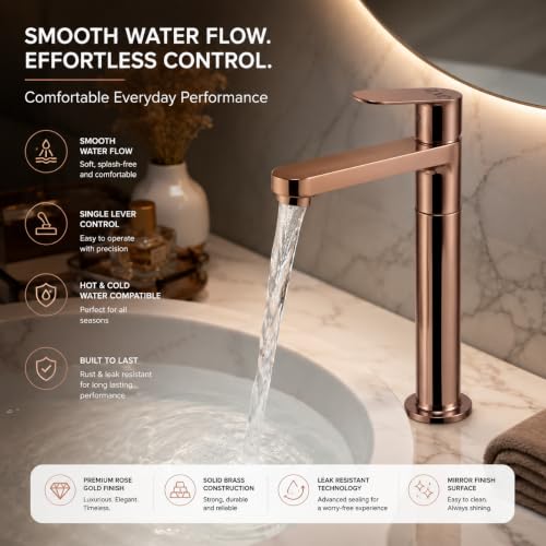 Image of ZAP Ocean Series 11-Inch Tall Brass Pillar Cock, Rose Gold Wash Basin Tap for Bathroom Sink and Vanity, Single Lever Hot or Cold Water Faucet, Rust and Leak Resistant