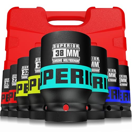 Image of 8 Piece 3 /4 inch Drive Impact Socket Set, 26 mm - 38mm Jumbo Sockets, Metric, 6-Point, Heavy Duty CR-MO, Large Automotive Repairs, Machinery, Maintenance