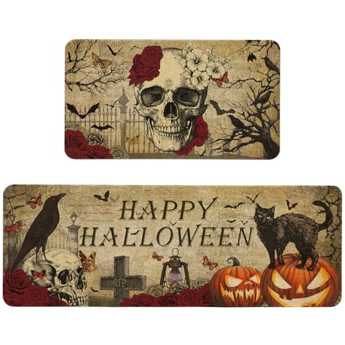 Happy Halloween Kitchen Mats Set of 2 Non Slip Spooky Goth Skeleton Kitchen Rugs Halloween Skull Home Decor Low-Profile Washable Floor Mat 17x47 Inch and 17x29 Inch