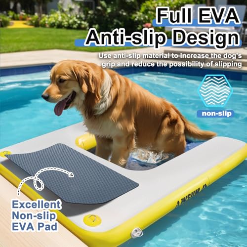 AWSUM Aufblasbare Hunde-Wasserrampe 1,2 m x 1,0 m Hundeboot-Rampe schwimmend für Hunde bis zu 81,6 kg auf Wasser Schwimmleiter Stufen für Pool, Dock, Seen, Gelb