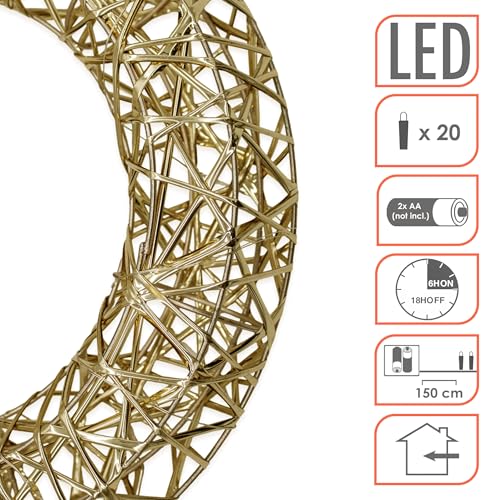 Leuchtring 30 cm mit Goldband umwickelt warm weiß mit Timer - 20 LED - Weihnachts Dekoleuchte zum Hängen Batterie betrieben - Weihnachten Stimmungslicht Advent Deko Ring beleuchtet
