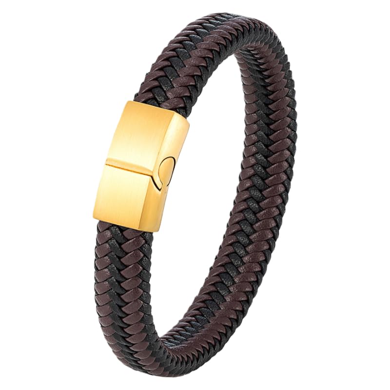 Pulsera De Cuero Trenzado Para Hombre, Brazalete De Cuero Tejido En Dos Tonos, Negro Y Marrón, Con Cierre Magnético, Joyería Informal De Moda Para Uso Diario, Para Hombres, Novios Y Esposos, Oro,