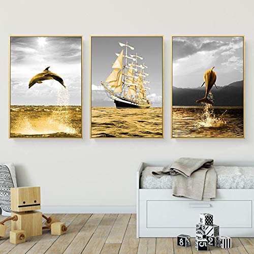 Peinture dauphin et voilier océan doré triptyque haut de gamme salon 50x70