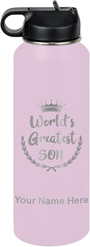 Miniatura 65 de LaserGram Botella de agua con tapa abatible de doble pared de 20 onzas con pajilla, el hijo más grande del mundo, grabado personalizado incluido