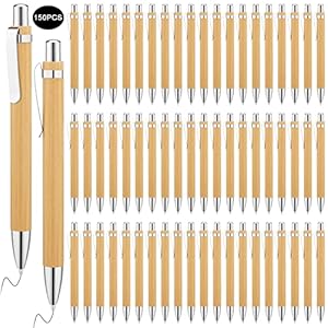 SATINIOR 150 Pcs Bamboo Ballpoint Pens Wooden Retractable Ballpoint Pen Bamboo Black Ink 1mm Pen Wood Sustainable Pens for Men Women Employee Writing Signature Journaling Home Office School