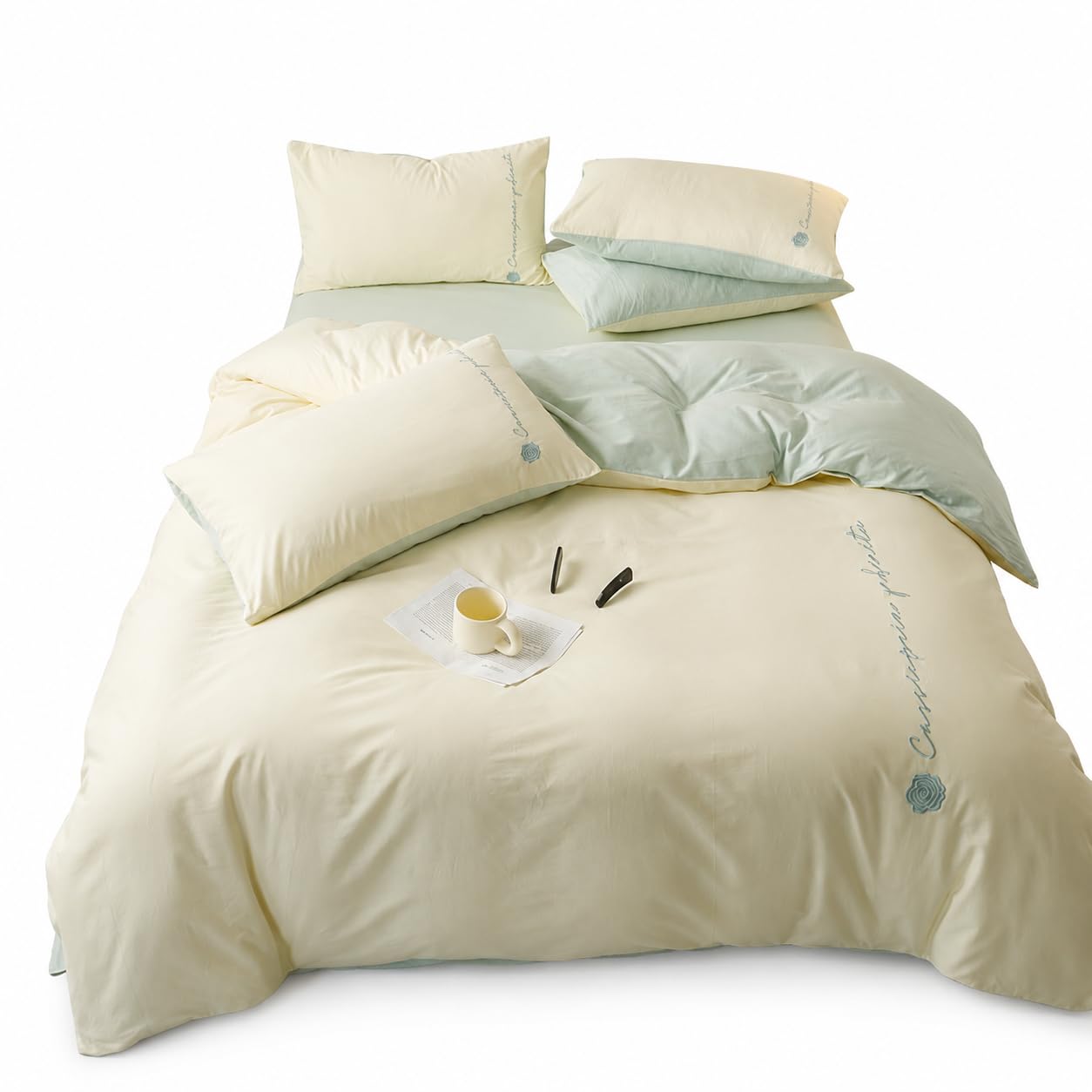 Parure de lit en fibres textiles brodées douces pour lit de 1,35 m
