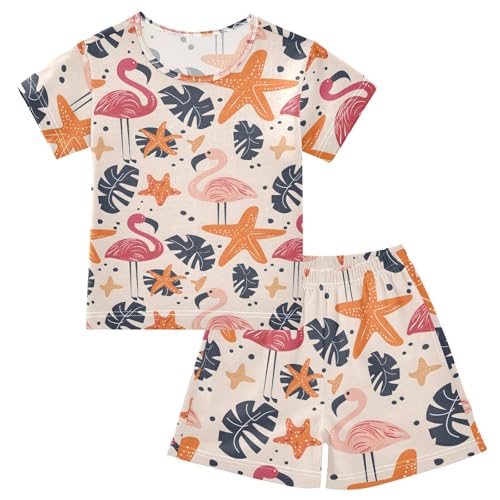 ALAZA Starfish Flamingo Palm Leaves Pajamas Short Sleeve 2 Piece Sleepwear Top and Bottom Pajama Set Unisex