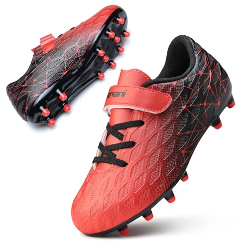 Hanani Kids Soccer Shoes Boys Baseball Cleats Girls Softball Cleat Outdoor & Indoor Firm Ground Youth Football Shoe Anti-Slip Comfortable Flexible Running & Training Unisex Child Black/Red