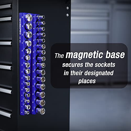 Image of WORKPRO 3 /8 inch Metric Magnetic Socket Organizer, Holds 30 Pieces, Standard & Deep Sockets (Sockets Not Included)