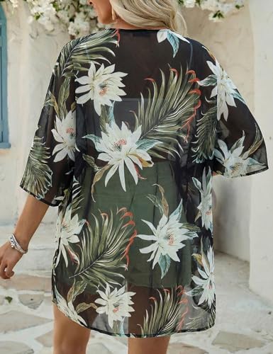 Image of Chunoy Women Floral Beach Wear Cover Up Chiffon Kimono Cardigan Open Front Blouse Top