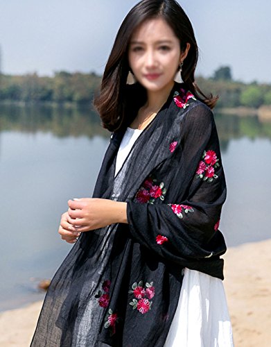 Women Exotic Style Floral Embroidery Cotton Linen Scarf Spring Autumn Long Scarf Summer Beach Shawl Wrap Black2